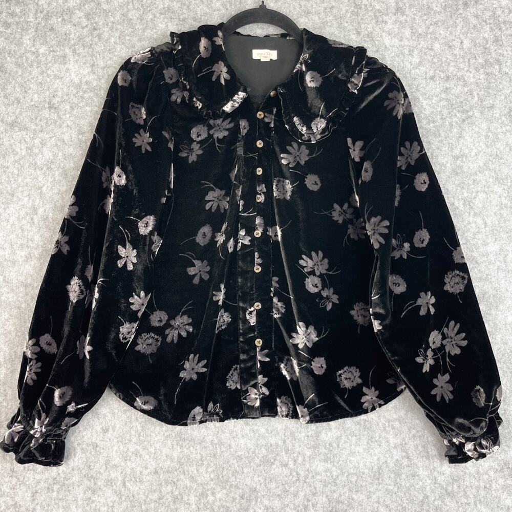 Anthropologie Pilcro Keira Top Womens Small Black Floral Velvet Peter Pan Collar